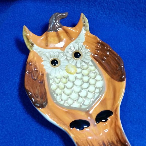 Cracker Barrel Owl and Pumpkin Spoon Rest Fall Table Decor Stoneware Pre-Owned - Picture 2 of 10